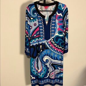 EUC Sunny Leigh Dress Multicolor Retro Abstract Flare Sleeve Midi Large